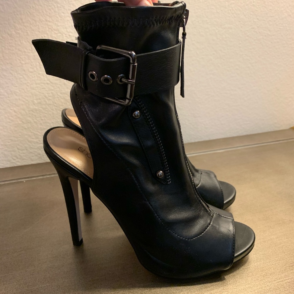 Black faux leather heels